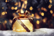 Golden Christmas Gift Box In A Snowy Festive Winter Forest, Copy Space, Gold And Glitter, Gold Ribbons And Bows, Magic Bokeh Lights, Dreamy, Magic Atmosphere, New Year And Christmas Concept