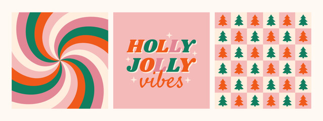 christmas hippie retro 70s background collection. holly jolly vibes phrase with twirl and checkered 