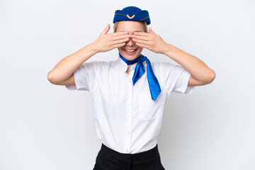 Wall Mural - Airplane blonde stewardess woman isolated on white background covering eyes by hands