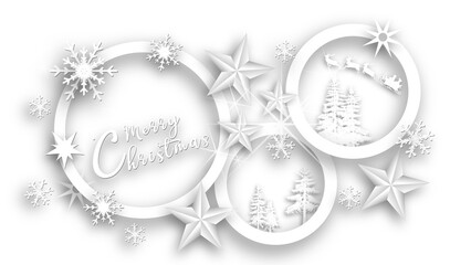 Poster - Christmas greeting card in white design - lettering Merry Christmas , ice stars, snowflakes, trees, reindeers and sleigh on transparent background - 3D Illustration