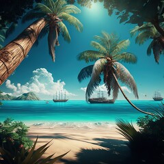 Sticker - Tropical paradise beach with beautiful magical palm trees. Blue sky and azure sea water.  generative ai
