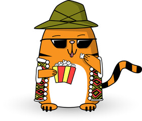 Cool cartoon red cat mascot eat pop corn in hat, colorful vest, sunglasses. Cute, funny striped pet character. Vector flat style illustration, isolated on white background