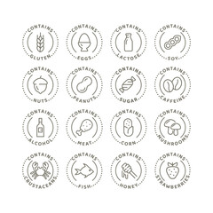 Wall Mural - Food ingredients and allergen vector icon set. Contains gluten, lactose and alcohol badge label set.