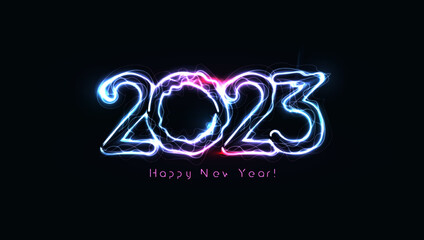 Poster - 2023 numbers with magic luminous lightning contour. Happy New Year event poster, greeting card cover, 2023 calendar design, invitation to celebrate New Year and Christmas. Vector illustration