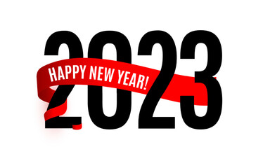Poster - 2023 numbers with red ribbon. Happy New Year event poster, greeting card cover, 2023 calendar design, invitation to celebrate New Year and Christmas. Vector illustration