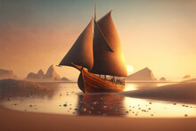 Sailing Wood Boat On A Bluured Sea At Sunset With Negative Spave