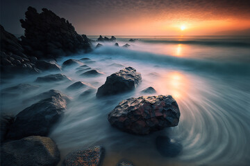 Seascape at sunset with silky water and stones generative ai