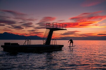 Poster - Mesmerizing pink sunset over the sea shore with a silhouette of a person foil surfing on the water