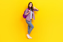 Full Length Photo Of Young Woman Stay Okey Showing Like Symbol Hold Backpack Walk From University Courses Isolated On Yellow Color Background