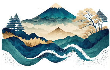 minimalistic mountain landscape with watercolor gold brush and texture in traditional oriental, japa