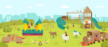 Playground In Park, Happy Childhood Vector Illustration. Cartoon Boy Girl Character Play At Nature, Summer Outdoor Background.