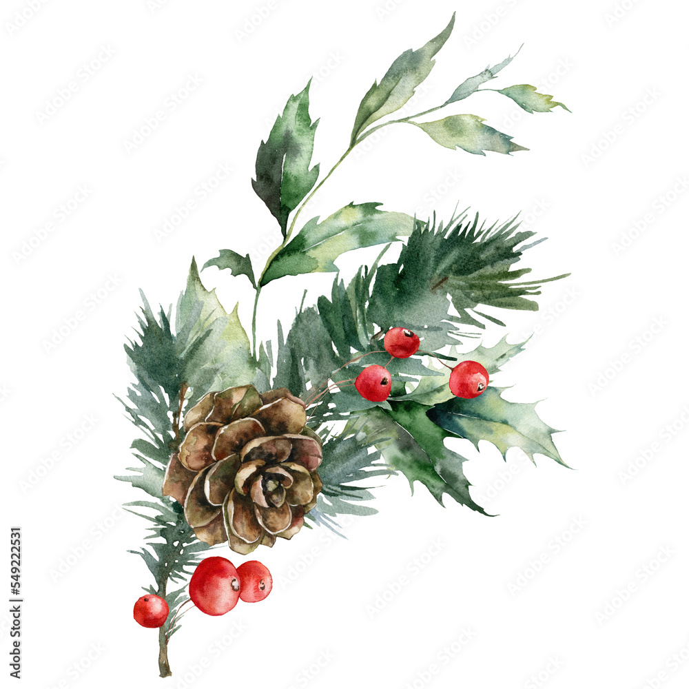 Watercolor Christmas bouquet of pine cone, red berries and branches ...