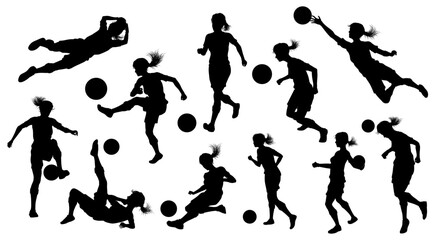 Canvas Print - A set of female soccer football player women silhouettes