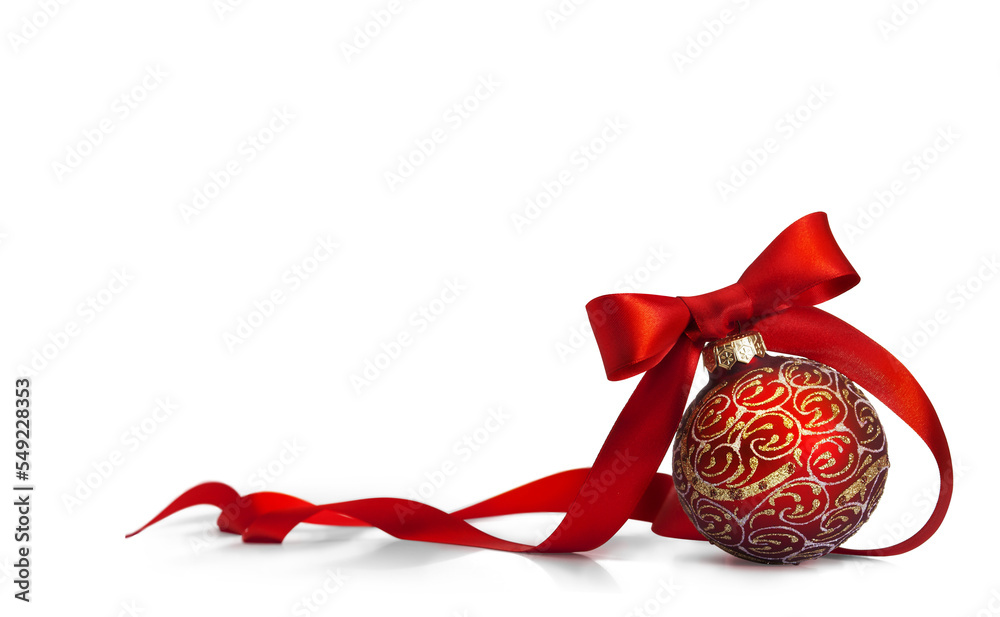 art Red Christmas ball with a beautiful bow and a golden pattern ...