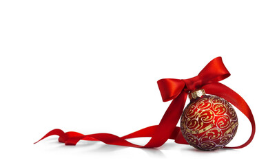 art red christmas ball with a beautiful bow and a golden pattern. christmas design element isolated 