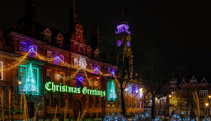 Wall Mural - View of Leicester town hall square in the night decorated for Christmas time