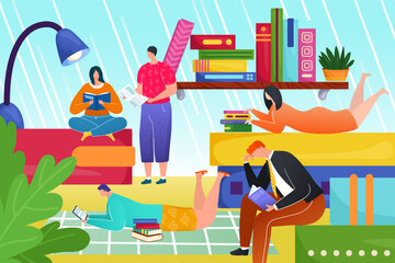 Canvas Print - Study knowledge concept, vector illustration. People character read book for school education. Woman man student learn at library design.