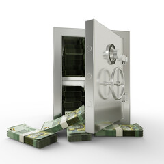 Bundles of Omani rial in Steel safe box. 3D rendering of stacks of money inside metallic vault isolated on white background, Financial protection concept, financial safety.