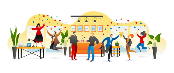 Wall Mural - Happy office people, vector illustration. Business team with man woman cartoon character, businessman businesswoman teamwork.