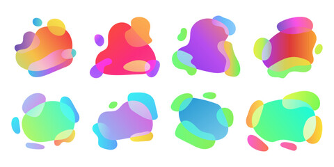 Aufkleber - Organic liquid fluids, abstract elements. Green and purple, red and blue blur drops with orange gradient, plastic waves. Colorful background collection. Minimal frame. Vector graphic design