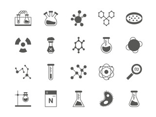 Aufkleber - Chemistry science, laboratory research icons. Chemical lab test equipment, scientific dna experiments. Flask, molecules structure and atoms. Radioactive sign. Vector medicine pictogram set