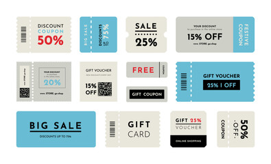 Wall Mural - Promotion ticket. Sales event. Coupon collection for end of ad. Gift vouchers with barcode and separated line. Isolated rectangular labels. Discount cards set. Vector design illustration