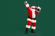 © deagreez - Full length photo of cool santa claus with grey beard listen x-mas christmas songs boom box hold disco ball wear headwear cap isolated over bright shine color background