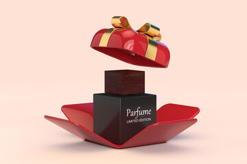 Aufkleber - Black Perfume Bottle in Opened Red Gift Box with Golden Ribbon. 3d Rendering