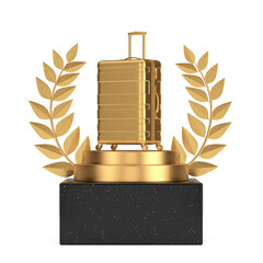 Aufkleber - Travel Holiday Vacation Concept. Winner Award Cube Gold Laurel Wreath Podium, Stage or Pedestal with Golden Big Modern Luxury Plastic Suitcase. 3d Rendering