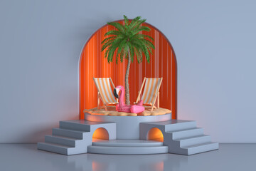 Fototapete - Beach Chairs, Palm Tree, Rubber Flamingo and Sand on the Blue Realistic Cylinder Promotion Stand Podium with Arch Window in Studio Room with Steps. 3d Rendering