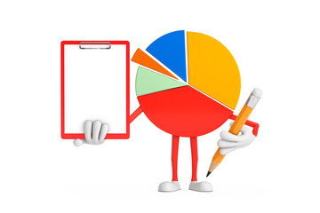 Poster - info graphics business pie chart character person with red plastic clipboard, paper and pencil. 3d r