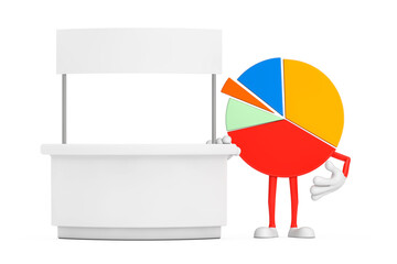 Poster - Info Graphics Business Pie Chart Character Person near Blank Promotion Stand with Free Space for Your Design. 3d Rendering