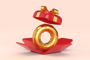 Poster - Golden Donut with Golden Sprinkles in Opened Red Gift Box with Golden Ribbon. 3d Rendering
