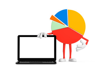 Leinwandbilder - Info Graphics Business Pie Chart Character Person with Modern Laptop Computer Notebook and Blank Screen for Your Design. 3d Rendering
