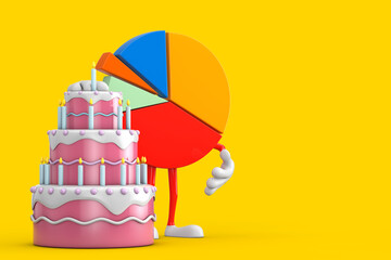 Poster - Info Graphics Business Pie Chart Character Person with Birthday Cartoon Dessert Tiered Cake and Candles. 3d Rendering