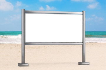 Leinwandbilder - Blank Trade Show LCD Screen Stand Display Billboard as Template for Your Design on the Ocean or Sea Sand Beach. 3d Rendering