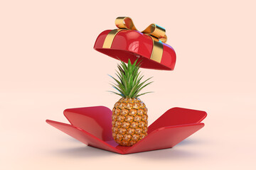 Poster - Fresh Ripe Tropical Healthy Nutrition Pineapple Fruit in Opened Red Gift Box with Golden Ribbon. 3d Rendering