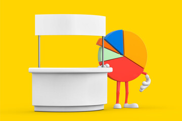 Poster - Info Graphics Business Pie Chart Character Person near Blank Promotion Stand with Free Space for Your Design. 3d Rendering