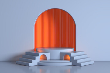 Poster - Empty Blue Realistic Cylinder Product Promotion Stand Podium with Arch Window in Studio Room with Steps. 3d Rendering
