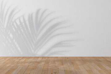 Poster - Shadow of Tree and Sunlight on Empty Room White Wall and Wooden Plank Floor. 3d Rendering