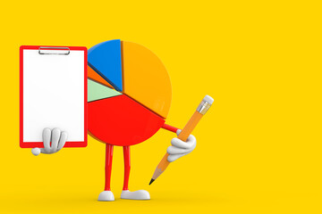 Poster - info graphics business pie chart character person with red plastic clipboard, paper and pencil. 3d r