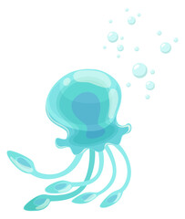 Canvas Print - Swimmimg jellyfish. Cartoon glowing transparent underwater animal