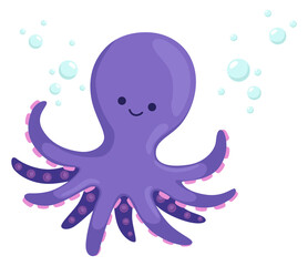 Wall Mural - Funny octopus swimmimg in water. Cute purple animal