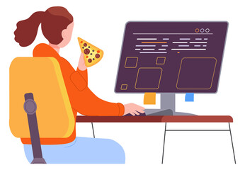 Poster - Freelancer eating at computer desk. Office meal