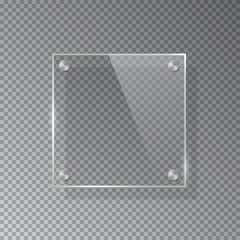 Poster - glass square plate isolated on transparent background. vector realistic acrylic frame with steel riv