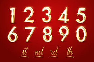 Wall Mural - White numbers with gold frames and golden ribbons ending of the words isolated on red background. Vector festive design elements for Birthday, anniversary or holydays