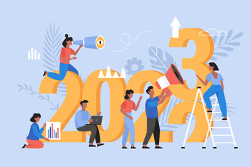 Wall Mural - New Year 2023 trends, plans and growth business concept.  Modern vector illustration of people teamwork for web design