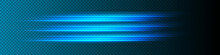 Straight Fast Light. Vector Blue Glowing Lines Air Flow Effect. Acceleration Speed Motion. Horizontal Rays Of Light. Isolated On Transparent Background.