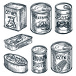 Canned food set. Food in tins hand drawn vector sketch illustration. Grocery supermarket collection of metal cans, jars
