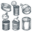 Metal cans, jars containers set. Food in tins hand drawn vector sketch illustration. Grocery supermarket design elements